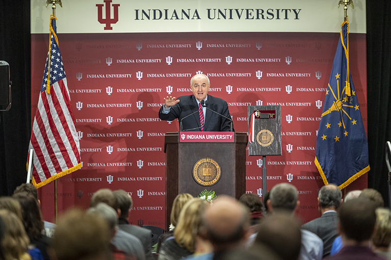 IU President McRobbie speaks before an audience