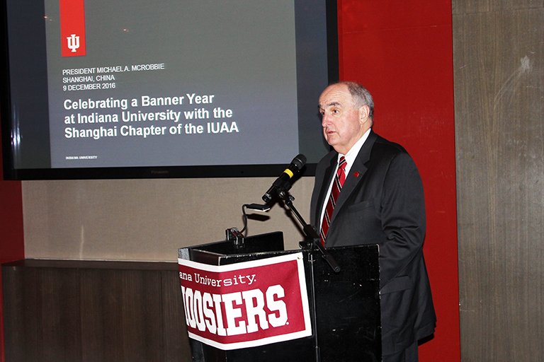 IU President Michael A. McRobbie addresses the members of the Shanghai Chapter of the Indiana Uni...