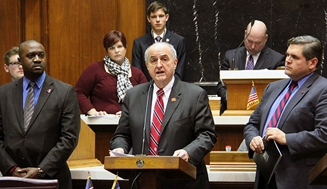 IU President Michael A. McRobbie addresses legislators as he talks about the success at IU Southe...