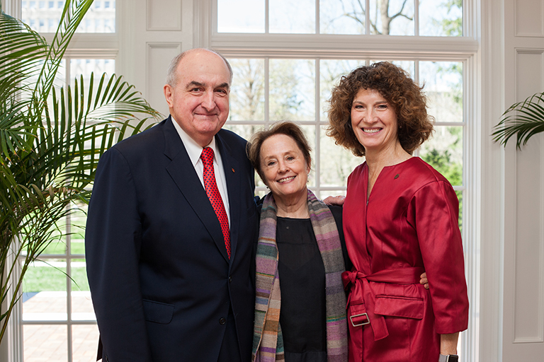 IU President Michael A. McRobbie, Alice Waters and IU First Lady Laurie Burns McRobbie pose for a...