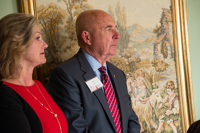 IU Trustee MaryEllen Kiley Bishop, left, and IU Trustee Phillip N. Eskew Jr. listen to IU Preside...