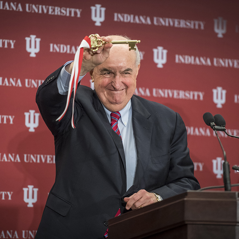 IU President McRobbie holds up the ceremonial key for the Republic Building