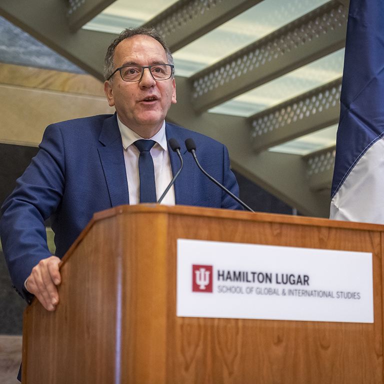 Sorbonne University President Jean Chambaz speaks during a reception at IU Bloomington.