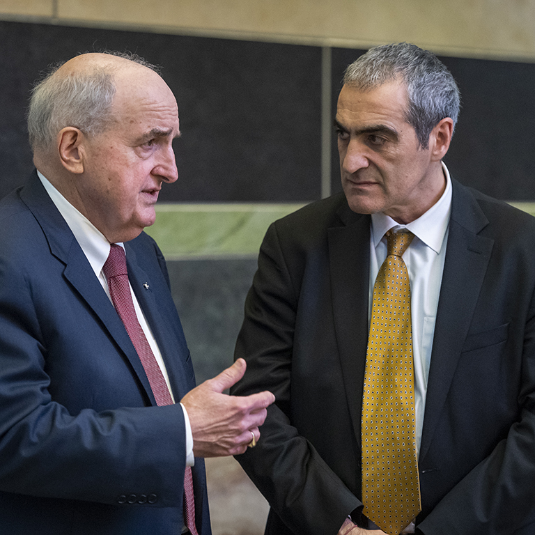 IU President McRobbie talks with Sorbonne University Vice President for International Development Serge Fdida 