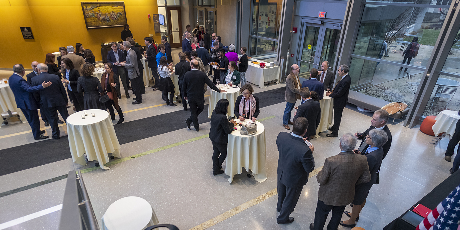 Ariel photo of attendees mingling at the reception at IU Bloomington.